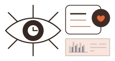 Odaklanma olarak saat sembollü göz, veri eğilimleri grafikleri, metin blokları ve kalp eşliğinde. Analiz, zaman yönetimi, sağlık hizmetleri, vizyon verimliliği araştırma markası kimliği için ideal. Basit.