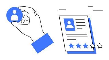 Bir kullanıcı profili simgesini tutan, yıldız derecelendirme sistemi olan bir profil belgesi. İşe alım, işe alım, geri bildirim, performans değerlendirmesi, değerlendirme, kullanıcı deneyimi için ideal. Basit düz