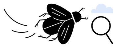 Küçük bulut eşliğinde yakın gözlem için büyüteçle uçan böcek. Bilim, entomoloji, keşif, eğitim, çevre, merak ekolojisi için ideal. Temiz.