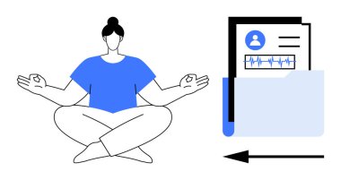 Sağlık konsepti. Güvenli dijital belgelerin yanında meditasyon yapan bir kadınla sağlık, akıl sağlığı ve veri yönetimi arasındaki denge. Üretkenlik için sağlık, iş hayatı dengesi, zihinsel berraklık