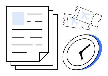 Seyahat planlama, zaman yönetimi, lojistik, turizm, programlama, seyahat organizasyonu. Belgeler, uçak biletleri ve beyaz arka planda bir saat. Seyahat planlama ve zaman yönetimi kavramı