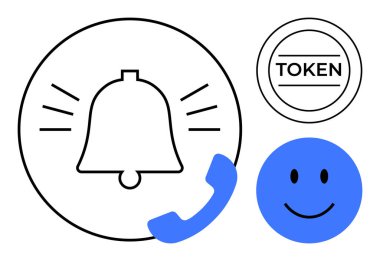 Uyarı konsepti. Bildirim sembolleri çan simgesi, sembol ve mutlu yüz tasviri uyarıları ve olumlu onayı işaret eder. Bildirim iletişimi, anımsatıcılar ve dijital mesajlaşma