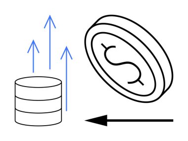 Finansal büyüme kavramı. Madeni para, veri yığını ve finansal stratejileri vurgulayan yukarı doğru okların sembolleri. Ticari, fintech, yatırımlar, analitik ve pazarlama için finansal büyüme fikirleri