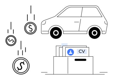 Finansal yönetim kavramı. Madeni paralar, bir araba ve bütçe, iş arama ve ekonomik planlamayla ilgili bir CV klasörü gibi mali semboller. Finans, iş piyasası ve tasarruf kaynakları için ideal
