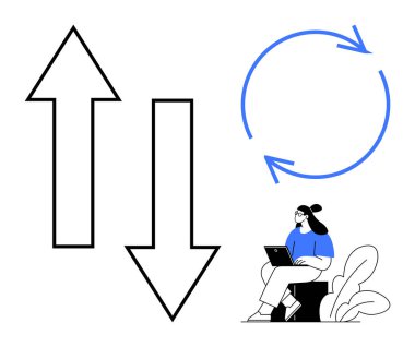 Çalışma akışı konsepti. Çalışma akışı yukarı ve aşağı oklarla, dairesel bir döngü sembolü ve dizüstü bilgisayardaki bir insanla gösterilir. Süreçler, verimlilik, üretkenlik, yönetim, otomasyon için çalışma