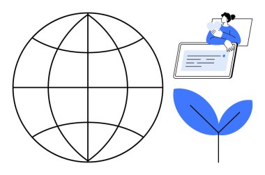 Küresel bağlantı kavramı. Küresel uluslararası iletişim ve işbirliği. Elementler arasında dijital aygıtı olan bir kullanıcı, bağlantıyı vurgulamak ve bir yaprak sürdürülebilirliği yer alıyor. Harika.