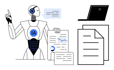 Yapay zeka, veri analizi, otomasyon, iletişim, teknoloji, robotik. Bir dizüstü bilgisayar eşliğinde, iletişim halindeyken, belgeleri veri tablolarıyla analiz eden robot. Yapay zeka ve veri analizi