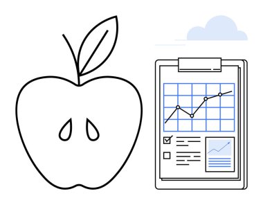 Sağlık, beslenme, sağlıklı beslenme, veri analizi, iş ilerlemesi, fitness izleme. Veri tablosu ve grafikler içeren bir panonun yanında soyut bir elma. Modern yaşam tarzında refah ve beslenme