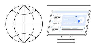 Küresel iletişim, internet, veri analizi, bilgi teknolojisi, dijital arayüz, web hizmetleri. Veri tablolarını gösteren bir monitörün yanında bir küre. Küresel iletişim ve veri analizleri