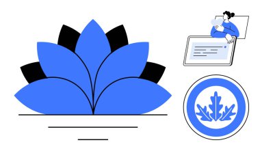 Teknoloji konsepti. Teknoloji sembolleri doğa ve modern yenilikleri birleştiriyor. Teknoloji, doğal etkileşimleri ve dijital süreçleri geliştiriyor. Markalaştırma, eko-teknoloji, uygulamalar, dijital iletişim