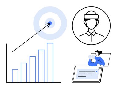Veri analiz konsepti. Veri analizi görselleri yukarı doğru grafikler, oklu hedef sembol ve yapay zeka arayüzü çizimi. İş stratejisi, teknoloji, yapay zeka sistemleri ve pazar için veri analizi
