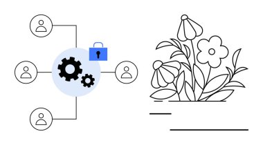 Siber güvenlik, takım çalışması, veri paylaşımı, gizlilik, koruma, büyüme. Grafikler birbirine bağlı vitesleri, insan simgelerini ve çiçek resimlerinin yanında bir kilit sembolünü gösteriyor. Siber güvenlik ve takım çalışması