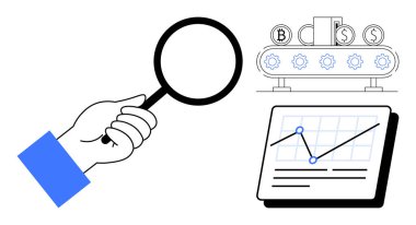 El ele tutuşan büyüteç grafikleri ve mali verileri inceliyor, kripto para sembollü dişli taşıyıcı. Finans, analiz, kripto para birimi, teknoloji, otomasyon, araştırma için ideal