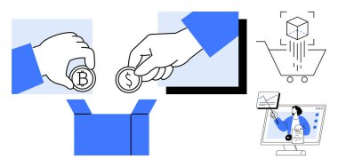 Kripto para birimi konsepti. Kripto para birimleri ödemeleri ve engelleme teknolojisi küresel finansmanı yeniden şekillendiriyor. E-ticaret için kripto para birimi, dijital işlemler, engelleme zinciri, fintech çözümler ve küresel