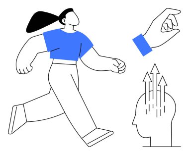 Büyüme konsepti. Dinamik bir şekilde yürüyen bir figür, el hareketi ve yukarı doğru büyüyen oklar. Zihinsel gelişim, potansiyel ve başarı açısından. Motivasyon, liderlik, kişisel gelişim eğitimi için