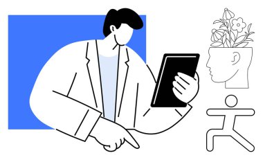 Tablet tutan adam, ekranı işaret ediyor. Çiçek açan kafa simgeleri, aktif figür büyümeyi, yaratıcılığı ve üretkenliği ön plana çıkarıyor. Yenilik, liderlik ve öğrenme için ideal