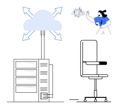 Bulut depolama, veri yönetimi, uzaktan çalışma, ofis teknolojisi, dijital dönüşüm, bilişim altyapısı. Bulut ağı ve okları olan veri sunucusu. Bulut depolama ve veri yönetimi kavramı