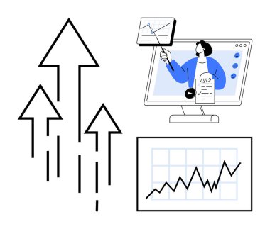 Veri analizi Veri görselleştirme ve sunum iş büyümesi ve eğilimleri. Çizgi çizelgeleri ve yükselen oklarla donatılmış veri. İş, finans, pazarlama, analitik ve eğitim için elverişli