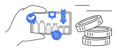 Çevrimiçi alışveriş, dijital ödeme, e-ticaret, perakende indirimler, uygulama navigasyonu, modern teknoloji. El ele tutuşan akıllı telefon ürün simgeleri ve indirimli madeni paralar gösteriyor. E-ticaret ve dijital