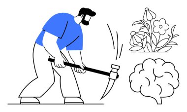 Yaratıcılık, sıkı çalışma, problem çözme, yenilik, doğa, akıl sağlığı. Bir adam, bir beyin ve çiçeklerin yanında kazma kullanır. Yaratıcılık ve sıkı çalışma yenilikleri ve zihinsel sağlık kavramları