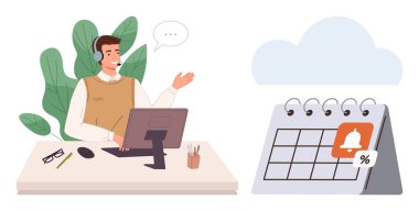 Masasında kulaklıklı bir adam takvime tetikte ve yüzdeyle bakıyor. Program, müşteri desteği, iletişim, planlama, zaman yönetimi, organizasyon, verimlilik için ideal. Basit düz