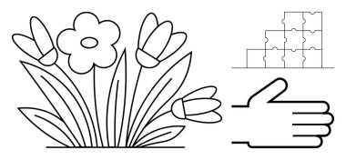 Çizgi çalışması. Çiçek, el ve yapboz çizgileri basitliği ve yaratıcılığı yakalar. Çizgi sanatının doğası ve mantık kavramları. Eğitim, tasarım, doğa, sanat projeleri eğitimi için