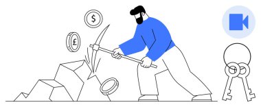 Kripto para birimi, engelleme teknolojisi, finansal güvenlik, dijital zenginlik, fintech yeniliği, çevrimiçi işlemler. Kazmayla dijital para basan bir adam var. Kripto para birimi ve engelleme zinciri