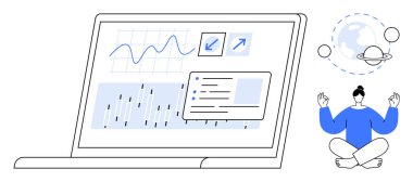 İş-yaşam dengesi, veri teknolojisi, rahatlama, üretkenlik araçları, analitik, sağlık uygulamaları. Bir dizüstü bilgisayar ekranında gezegenlerin yanında meditasyon yapan bir insanın grafikleri ve grafikleri var. İş-yaşam dengesi