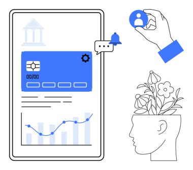 Grafik, kart, mesaj tebligatı, el ele tutuşan kullanıcı profili olan mobil bankacılık uygulaması ekranı. Finans, teknoloji, yaratıcılık, analitik büyüme minimalistik düzlük için ideal