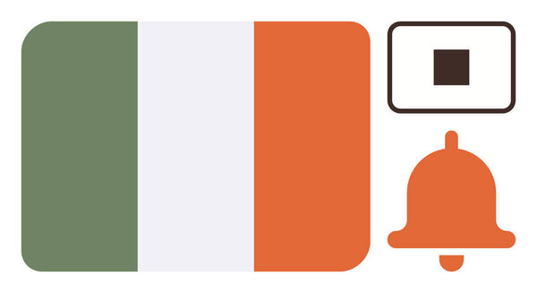 Green, white, orange Irish flag next to orange bell and digital square. Ideal for communication, updates, notifications, messaging, alerts Irish culture interface design. Simple flat metaphor