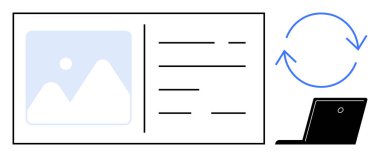 Veri senkronizasyonu, bulut hesaplaması, verimlilik, bilgi yönetimi, dijital araçlar, çevrimiçi işbirliği. Senkronize bir sembol ve dizüstü bilgisayarın yanında resim ve metin içeren bir belge düzeni. Veri
