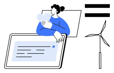 Kadının elinde kalp sembolü var, tablet içeriği ile meşgul. Rüzgar türbini ve eşitlik işareti ekolojik bilinci vurgular. Sürdürülebilirlik, yenilenebilir enerji, eşitlik, teknoloji, eko-yaşam tarzı için ideal