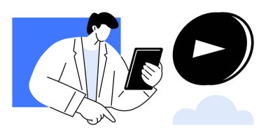 Dijital iletişim, video oynatma, eğitim medyası, çevrimiçi öğrenme, teknoloji kullanımı, yayın içeriği. Oynat düğmesinin yanında tablet tutan kişi. Dijital iletişim ve video oynatma