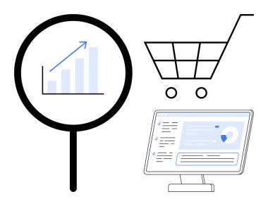 E-ticaret, online alışveriş, veri analizi, iş büyümesi, web performansı, satış trendleri. Bir alışveriş arabası, yukarı ok ve masaüstü ekranlı bir bar çizelgesi. E-ticaret ve iş büyüme kavramı