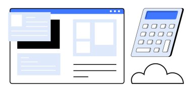 Teknoloji, dijital çözümler, üretkenlik araçları, bulut hesaplama, çevrimiçi uygulamalar, kullanıcı arayüzü tasarımı. Bir web arayüzü, hesap makinesi ve bulut simgesi. Teknoloji ve üretkenlik araçları kavramı