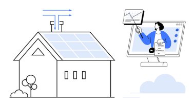 Güneş enerjisi kavramı. Güneş panelleri çevre dostu evler için sürdürülebilir enerji üretiyor. Çevrimiçi platformlar ve veri izleme yoluyla güneş enerjisi yönetimi. Enerji, sürdürülebilirlik ve teknoloji için