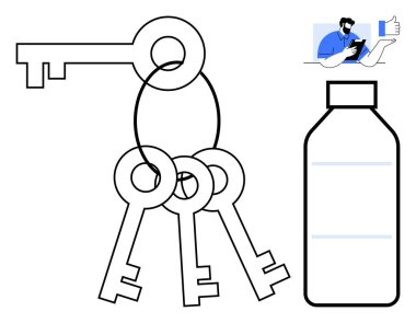 Güvenlik, erişim kontrolü, mülkiyet, günlük ihtiyaçlar, dijital kimlik, minimalizm. Üzerinde insan etkileşimi olan dört anahtar ve bir şişe. Güvenlik ve erişim denetim kavramları
