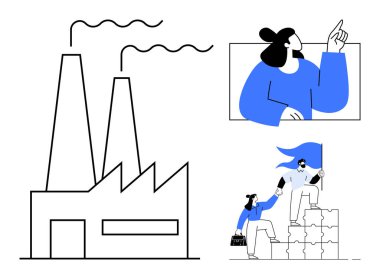 Takım çalışması, endüstriyel ilerleme, işbirliği, liderlik, iş stratejisi, yenilik. Bir fabrika binası, bir iş kadını ve iş arkadaşları. Takım çalışması ve endüstriyel ilerleme