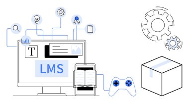 E-öğrenme, eğitim platformları, çevrimiçi eğitim, dijital araçlar, bilgi paylaşımı, uzaktan eğitim. LMS metni olan bilgisayar, oyun denetleyicisi ve simgeleri aç. E-öğrenim ve eğitici