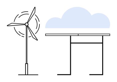 Yenilenebilir enerji, sürdürülebilirlik, çevre dostu teknoloji, rüzgar enerjisi, güneş enerjisi, çevresel koruma. Dönen bıçakları ve güneş paneli olan rüzgar türbini. yenilenebilir enerji ve sürdürülebilirlik