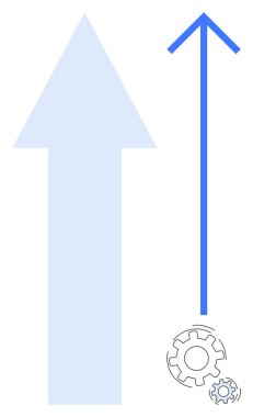 İş stratejisi, ilerleme takibi, büyüme analizi, iş akışı iyileştirmesi, yenilik, endüstriyel büyüme. Dişli elementlerle yukarı bakan iki ok. Büyüme analizi ve iş akışı iyileştirmesi