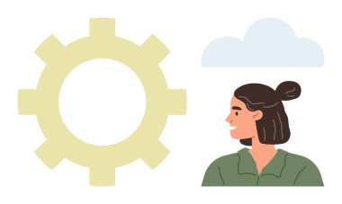 Büyük dişlilerin yanında gülümseyen ve yaratıcılığı, teknolojiyi, işbirliğini, çözümleri, yeniliği, ilerlemeyi ve stratejiyi temsil eden bir kadın. Takım çalışması ve problem çözme liderliği için ideal.