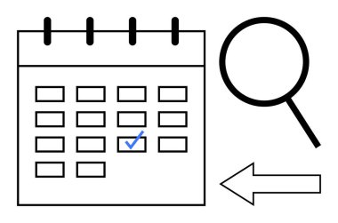 İşaretli bir tarihli takvim, odaklamayı vurgulayan büyüteç ve yönü sembolize eden ok. Program, organizasyon, odaklanma, strateji, öncelik planlama zaman yönetimi için ideal. Basit düz