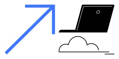 Bulut hesaplama, dijital depolama, teknoloji büyümesi, veri yönetimi, internet hizmetleri, teknolojik yenilik. Bulutlu bir dizüstü bilgisayar ve yukarı doğru ok. Bulut hesaplama ve dijital depolama kavramları