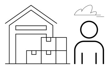 Depo lojistiği, envanter yönetimi, tedarik zinciri, nakliyat, verimlilik, iş operasyonları. Yığınla kutu ve insan figürünün olduğu bir depo. Depo lojistik ve envanter yönetimi