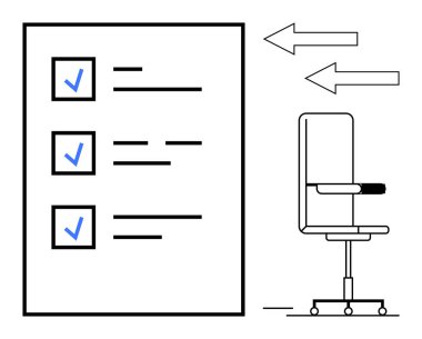 Görev yönetimi, iş akışı planlaması, verimlilik araçları, ofis organizasyonu, işyeri verimliliği, proje yönetimi. Listedeki mavi işaretler ve oklu bir ofis sandalyesi. Görev yönetimi