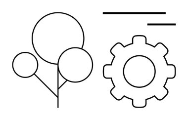 Teknoloji, yenilik, çevre, mekanik, ilerleme, teknik tasarım. Ağaçlara, dişlilere ve yatay çizgilere benzeyen küçük dairelere sahip minimalist tasarım. Teknoloji ve yenilik kavramı