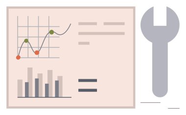 Veri noktaları, bar tablosu, veri analizi ve bakımını sembolize eden anahtar çizgileri. Teknoloji, üretkenlik, optimizasyon, büyüme, strateji geliştirme, basit düz metafor mühendisliği için ideal