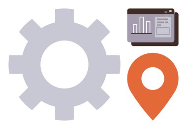 Sistem işlemleri için vites, haritalama için konum pimi, veri takibi için web analiz paneli. Teknoloji, navigasyon, iş planlaması, verimlilik, veri içgörüleri, optimizasyon için ideal