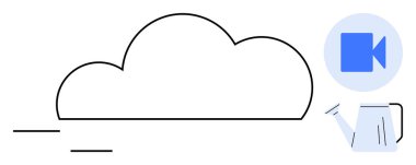 Bulut depolama, video konferansı, uzaktan çalışma, dijital işbirliği, çevrimiçi öğrenme, yayın hizmetleri. Kamera ikonu ve sulama kutusu olan minimalist bulut. Bulut depolama ve video konferansı